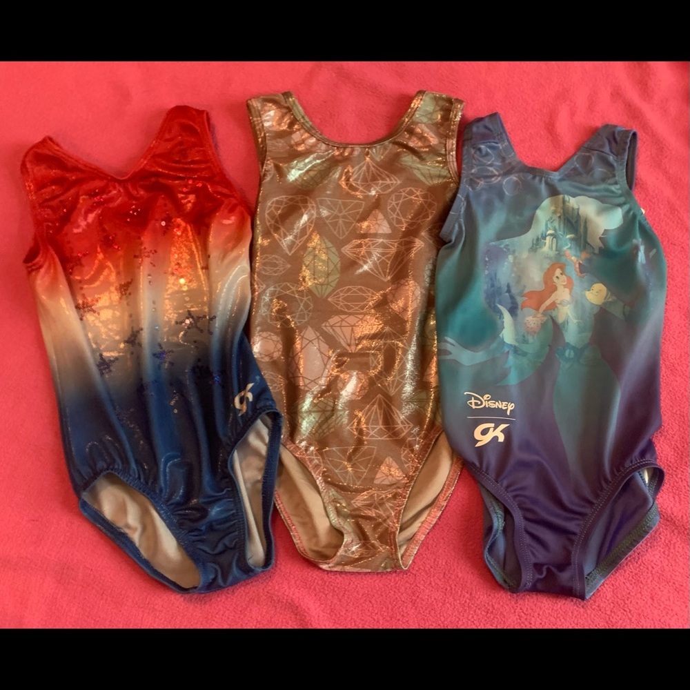 Lot 3 Used Girls Gymnastics Leotards 2-GK (CXS) Disney Ariel and 1-Destira (XS)